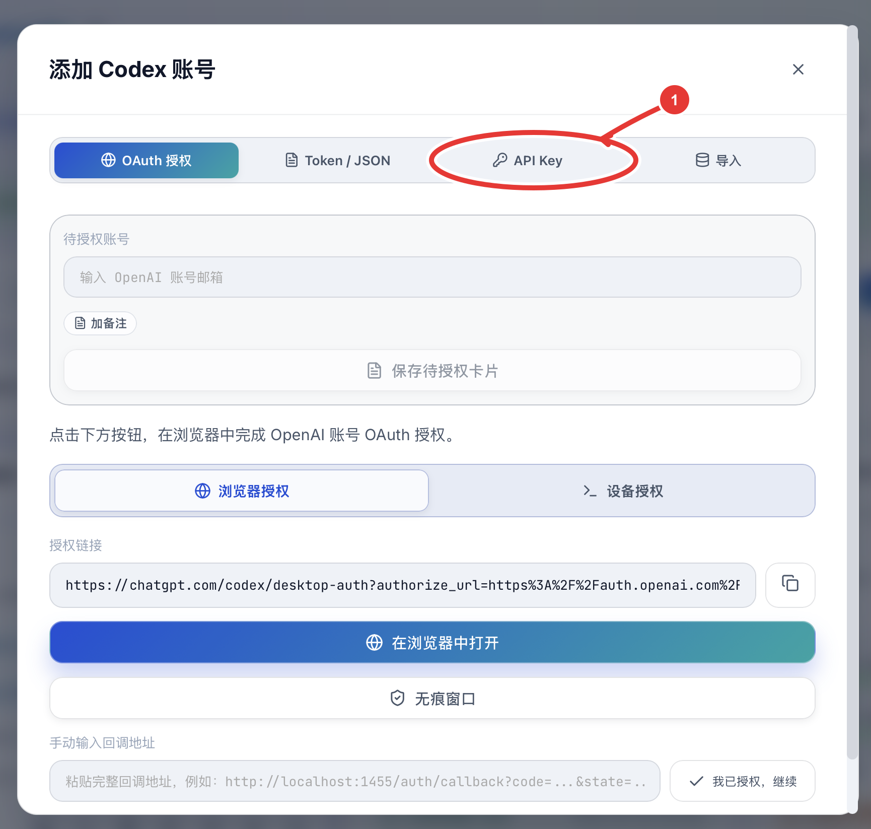 在添加 Codex 账号窗口选择 API Key